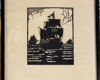 Striking Antique c1900 Woodcut Print Of Sailing Ships At Sea - Nautical Scene