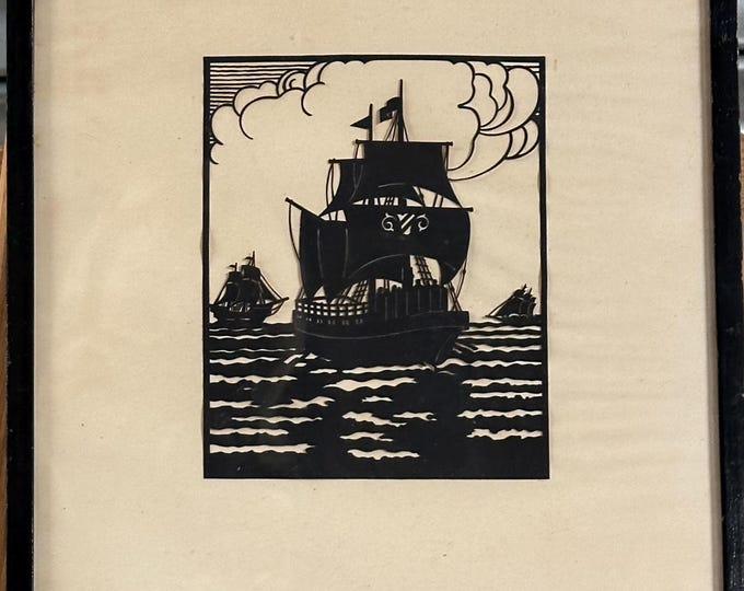 Striking Antique c1900 Woodcut Print Of Sailing Ships At Sea - Nautical Scene