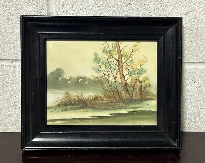 Antique Watercolour Depicting Ducks In Flight In Ebonised Frame Signed James