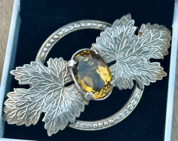 Vintage Sterling Silver Brooch With Leaf Decoration And Citrine Stone to the Centre of the Brooch
