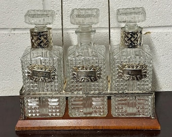 Vintage Cut Glass Tantalus Decanter Set with Silver Plated Carrier