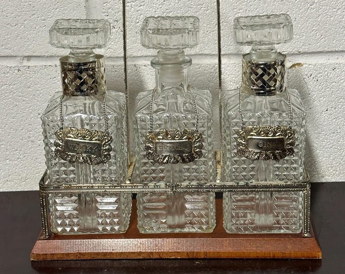 Vintage Cut Glass Tantalus Decanter Set with Silver Plated Carrier