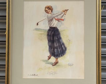 Fabulous Vintage Embossed Print Of The Female Golfer Cecil Leitch 1891-1977