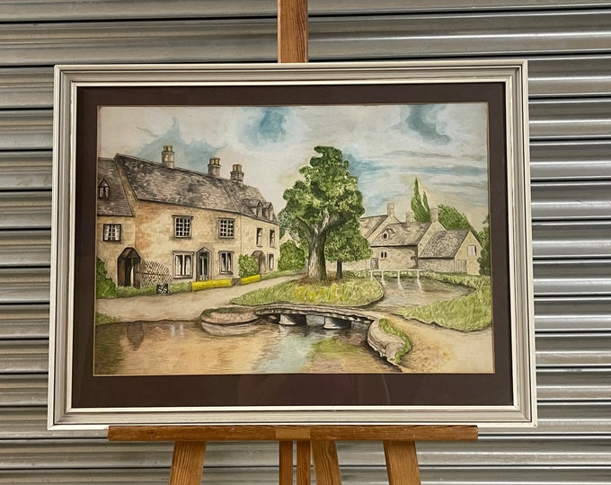 Lovely Circa 1970’s Watercolour of Lower Slaughter in the Cotswolds.