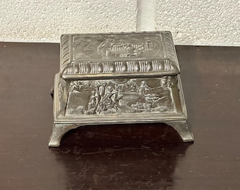 Antique Ornate Embossed Bronze Trinket & Jewellery Box – Footed Casket