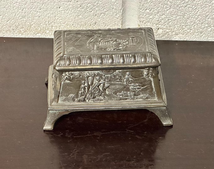 Antique Ornate Embossed Bronze Trinket & Jewellery Box – Footed Casket