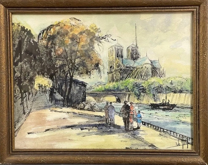 Pen Ink And Watercolour Of Notre Dame From The Seine by the French artist Le Garf