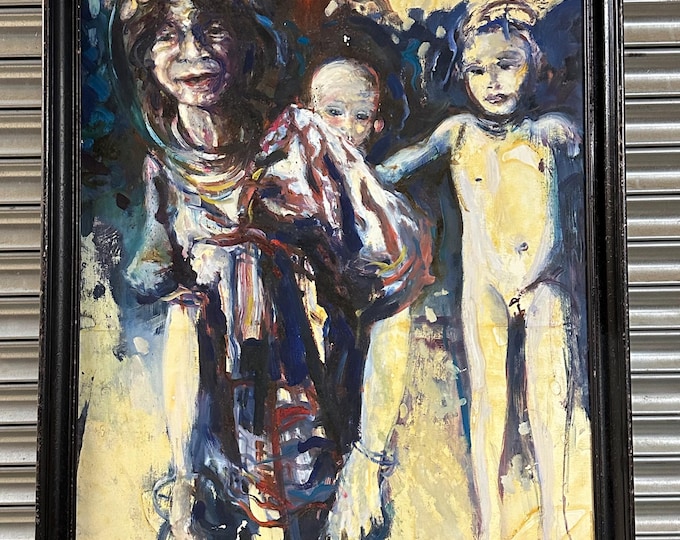 Original Oil Painting Of An African Scene, Mother With Her Children, J Looise