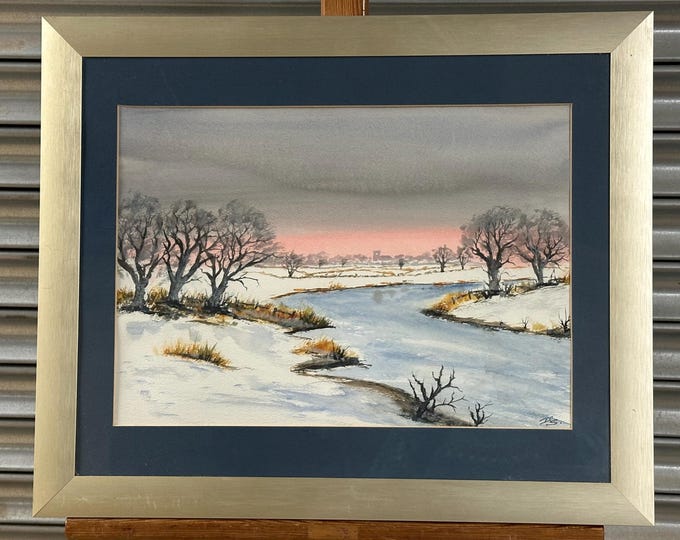 Lovely Original Watercolour Painting Depicting A Winter Landscape Scene Signed
