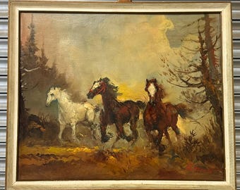 Beautiful Oil Painting On Board Of Wild Horses Galloping Through a Landscape Scene - Indistinctly Signed By Artist In Red Lower Right