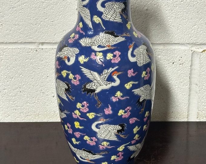 Vintage Famille Rose Blue-Ground Base Vase Decorated With Cranes
