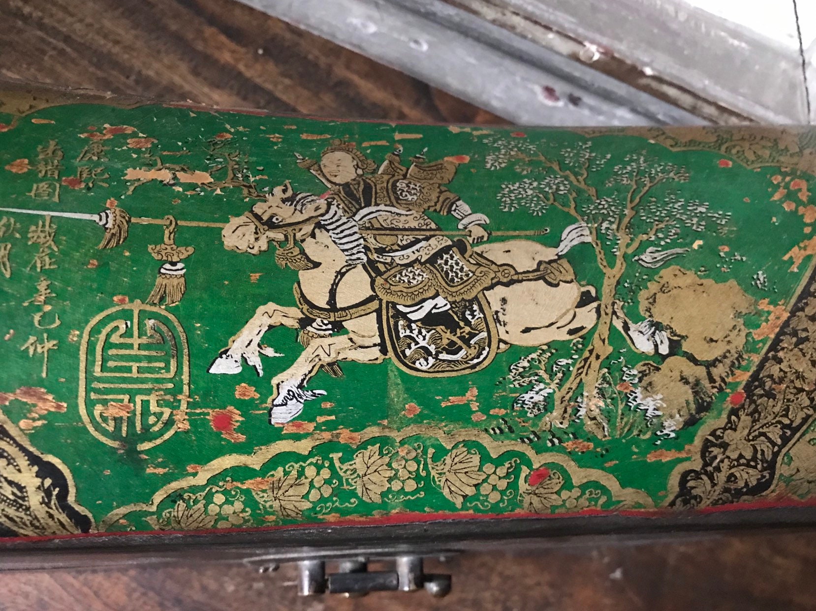 Antique Vintage Chinese Black Lacquered Gilt Hand Painted Pillow Box