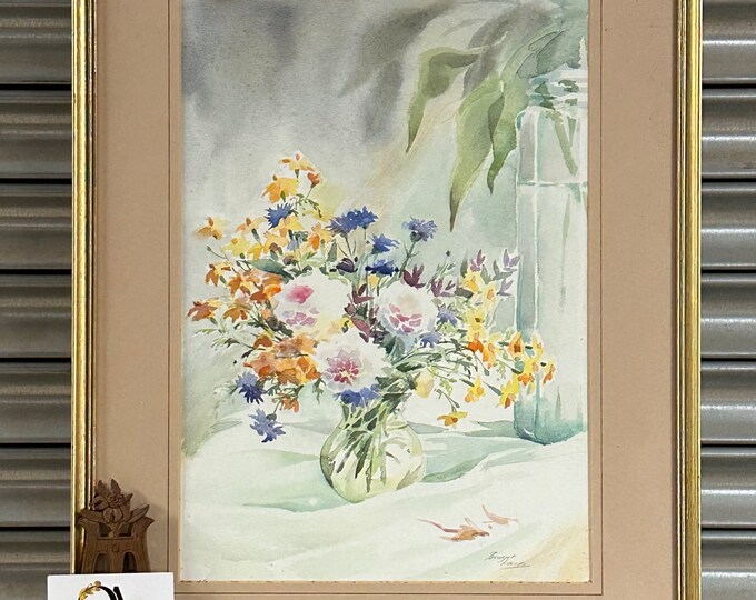 Beautiful Vintage Still Life Watercolour Of a Vase of Flowers By Bridget Woods