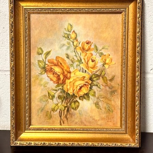 Preciosa pintura al óleo original de rosas naranjas sobre lienzo firmada por John Wetten