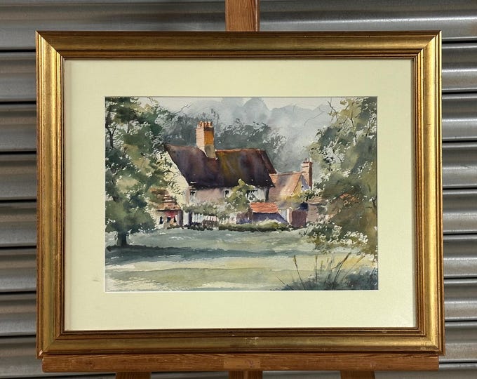 Lovely Traditional Watercolour, English Cottage Landscape Titled Dedham Cottage