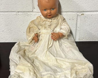 Lovely Vintage Composite Doll With Painted Features & Original Christening Gown
