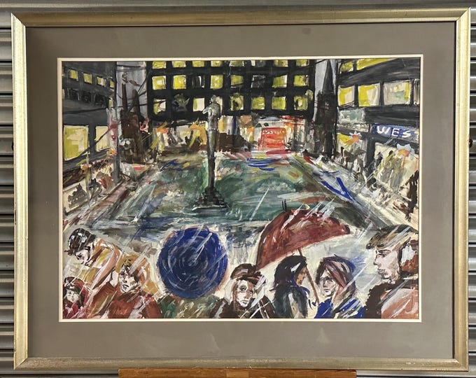 Large Original Watercolour c1970’s Titled City Centre In The Rain’ Marion Pooley