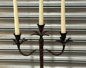 Antique Circa 1920’s Bronze Three-Arm Candelabra, Decorative Palm Tree Design
