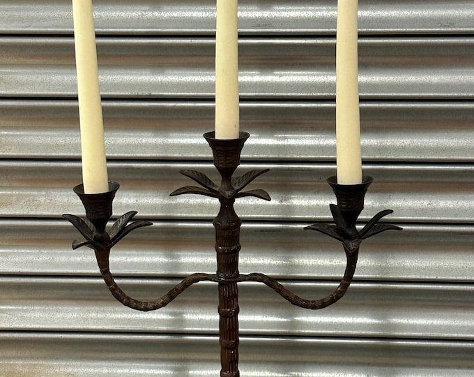 Antique Circa 1920’s Bronze Three-Arm Candelabra, Decorative Palm Tree Design