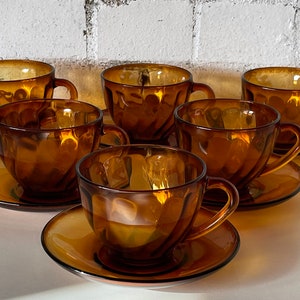 Gorgeous Set of Six French Glcoloc Arcoroc Amber Glass Tea Cups