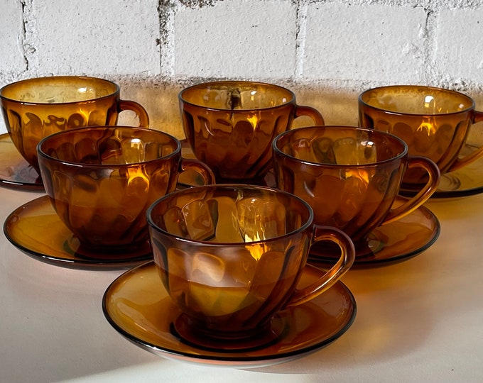 Gorgeous Set of Six French Glcoloc Arcoroc Amber Glass Tea Cups