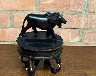 Vintage Hand Carved Hardwood African Lion & Elephant Ashtray Stand