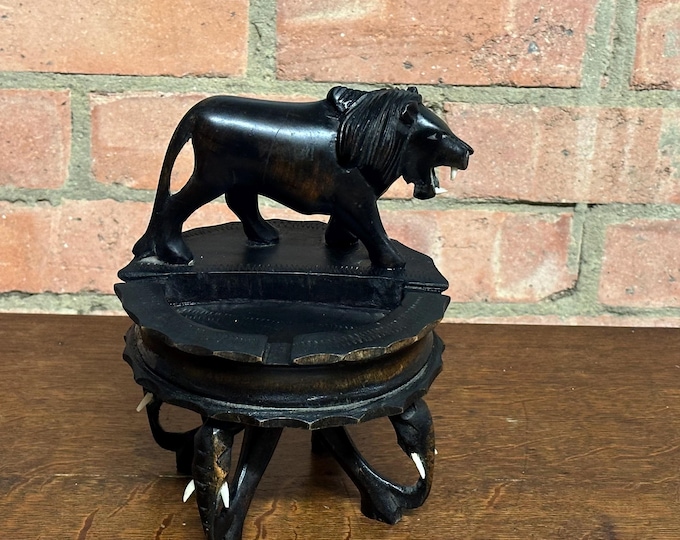 Vintage Hand Carved Hardwood African Lion & Elephant Ashtray Stand