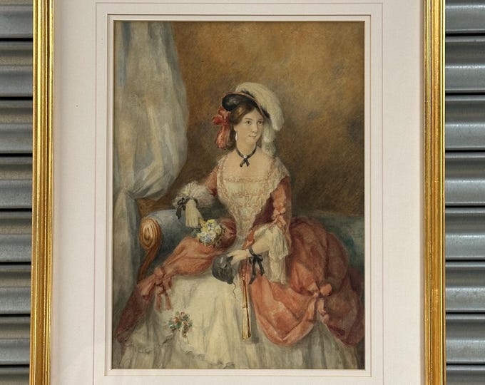 Exquisite Original Watercolour Portrait Of A 19th Century Dressed Lady - Unsigned