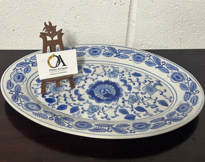 Lovely 19th Century Antique Oval Blue And White Ceramic Platter Dish