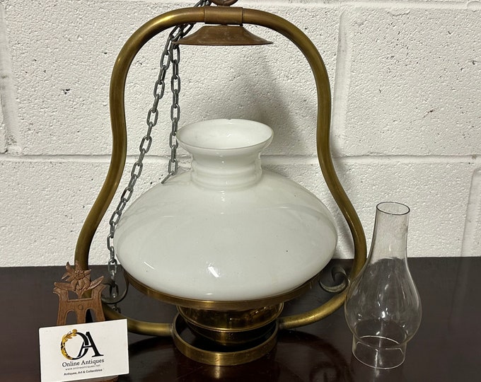 Antique c1900 Ceiling Pendant Oil Lamp Light With Opaque Glass Shade with the Glass Chimney