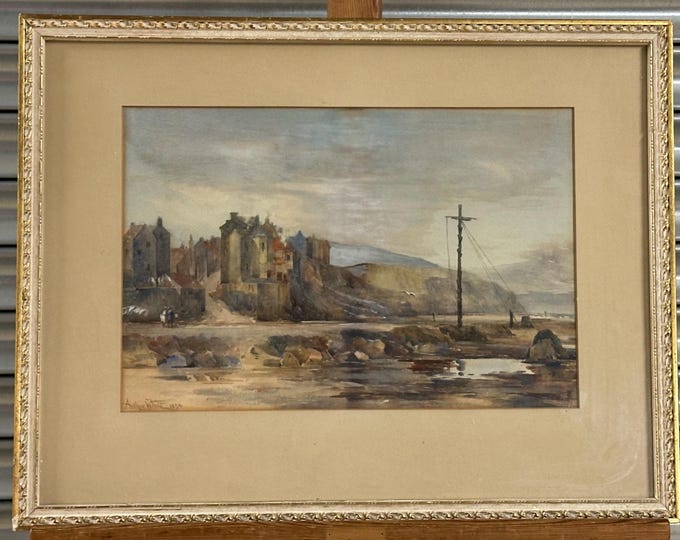 Lovely Antique 19th Century Watercolour Of A Coastline / Estuary Scene By Arthur White and Dated 1894