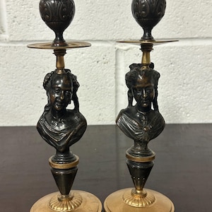 Pair Of 19th Century Bronze And Ormolu Figural Candlesticks / Candleholders