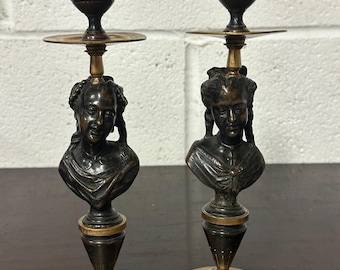 Pair Of 19th Century Bronze And Ormolu Figural Candlesticks / Candleholders