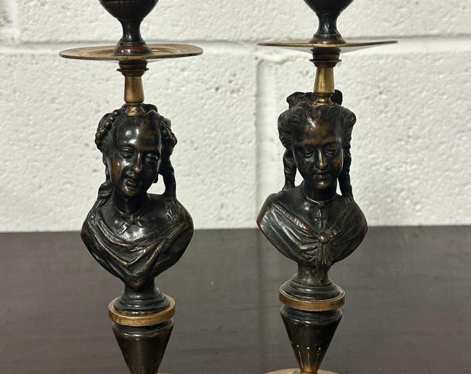Pair Of 19th Century Bronze And Ormolu Figural Candlesticks / Candleholders