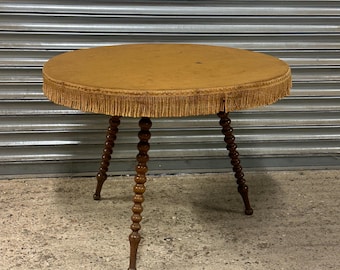 Vintage Gypsy Table Round Fringed Top Bobbin Turned Wooden Legs Occasional Table