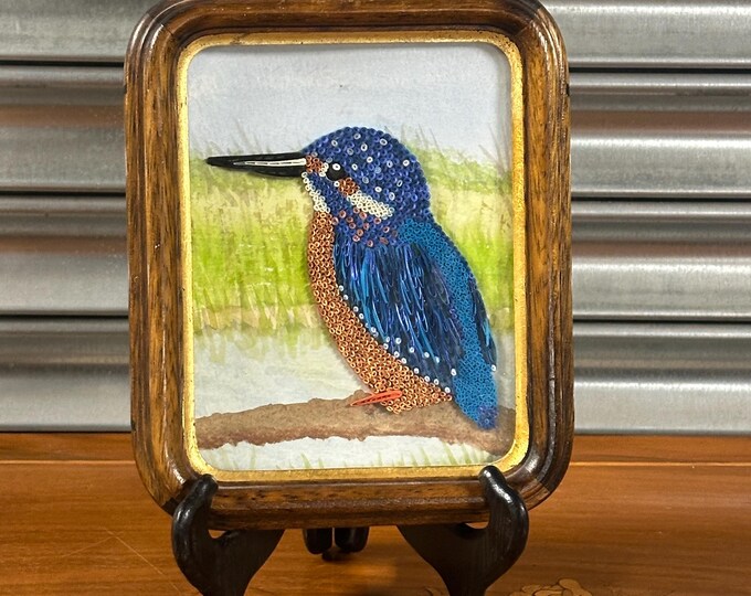 Stunning Vintage Quilled Kingfisher On Watercolour In Gorgeous Frame