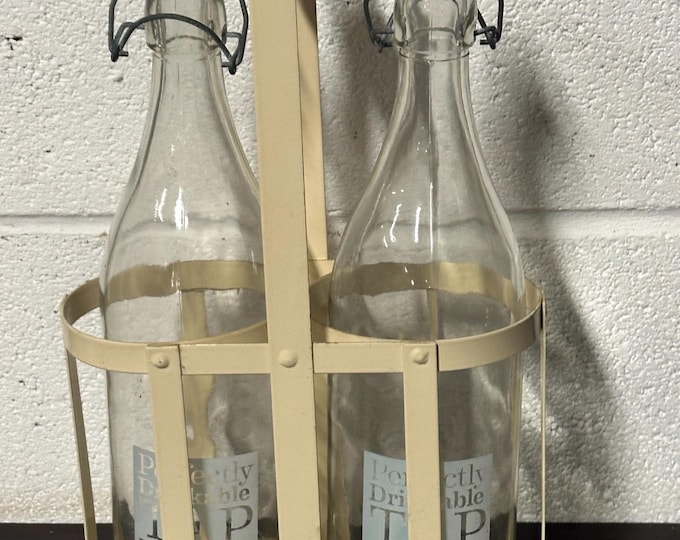 Vintage Style Glass Water Bottles in Metal Carrier – Swing Top Lids