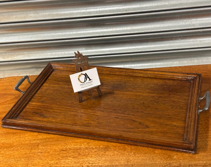 Antique British Solid Oak Butler’s Serving Tray with Raised Metal Handles c1930s