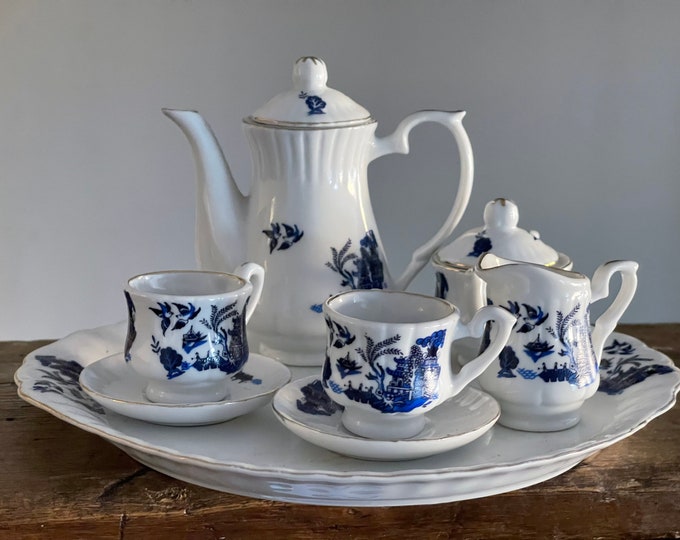 Miniature Antique Hand Decorated Old Bell Pottery Willow Pattern Tea Set