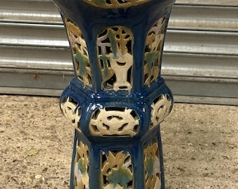 Stunning Chinese Shiwan Style Ceramic Column Plant Stand / Side Table