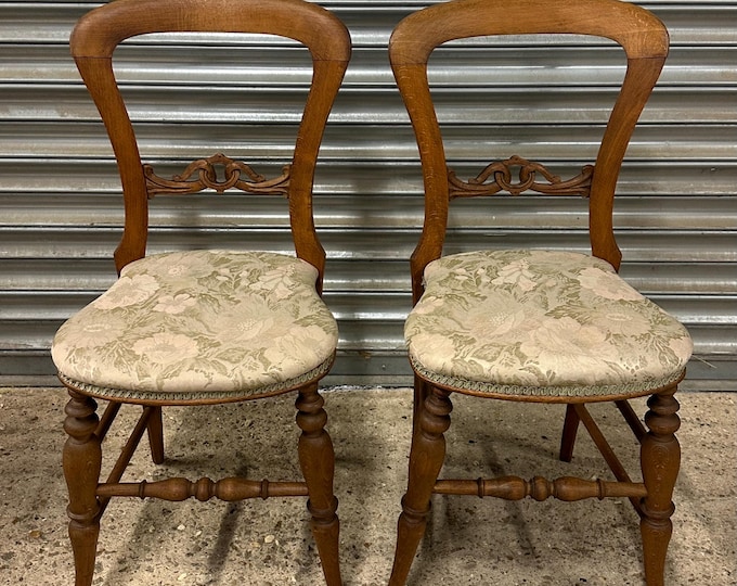 Pair of Antique Victorian Balloon Back Chairs, Carved Detail and Upholstered Seats