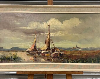 Lovely Circa 1960’s Oil On Canvas Seascape Harbour Painting