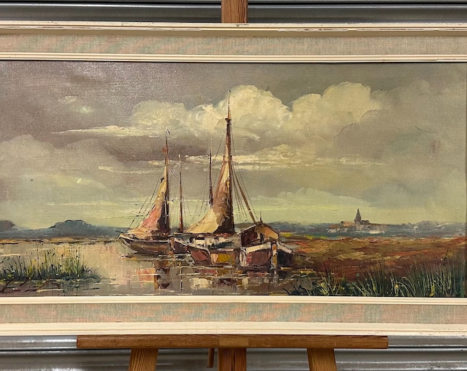 Lovely Circa 1960’s Oil On Canvas Seascape Harbour Painting