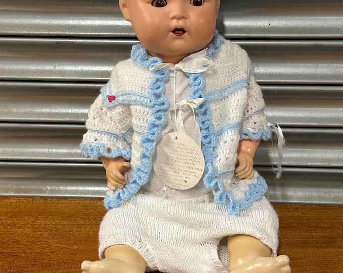 Vintage Circa 1920s Composition Baby Doll with Sleeping Brown Eyes - His owner named him Michael, see attached tag label
