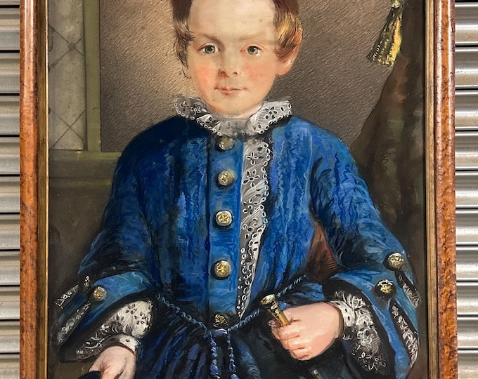 Large Original Antique Pastel Portrait Artwork Of Boy In Blue Outfit Unsigned