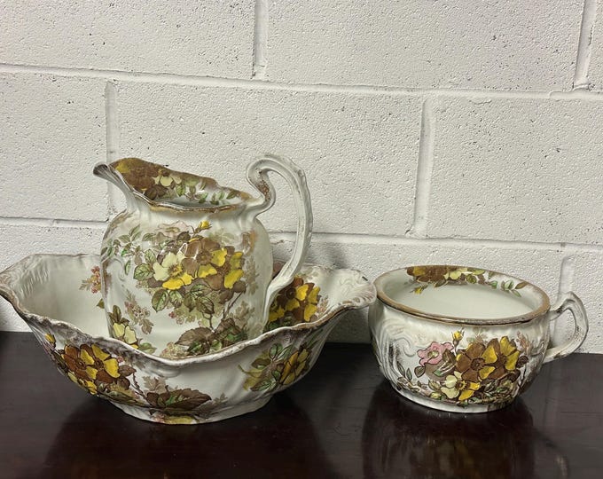 Antique Early 1900’s Ridgways Dog Rose Pattern  Wash Bowl & Pitcher With Chamber Pot (A/F)