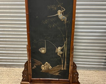 Large Rare 19th Century Oriental Bamboo Screen With Hand Decorated Fabric and raised on shaped feet