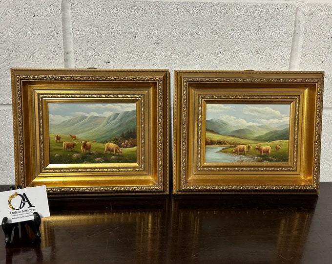 Pair Of Gilt Framed Oil On Board Highland Scenes Depicting Highland Cows