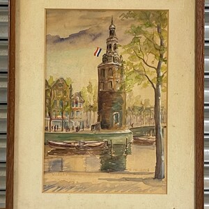 Original Antique Watercolour Of Montelbaanstoren, Titled Victory Day Amsterdam