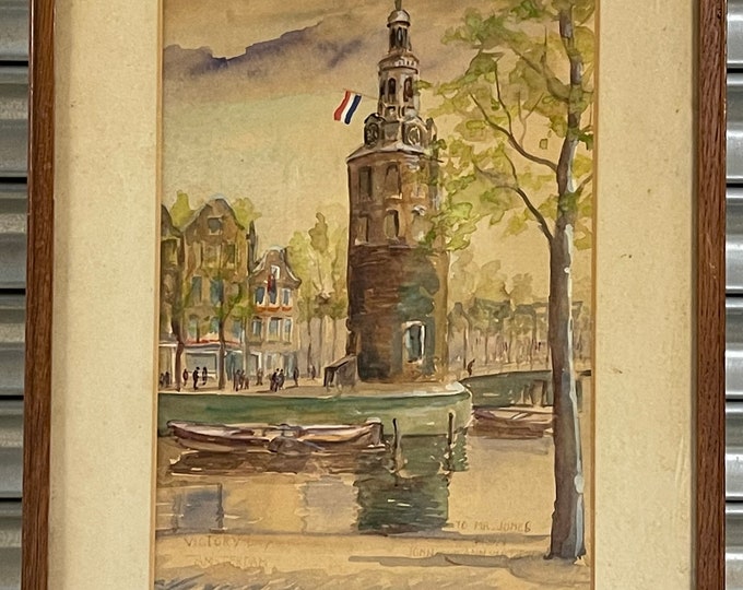 Original Antique Watercolour Of Montelbaanstoren, Titled Victory Day Amsterdam